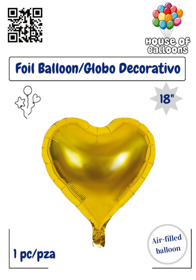 Shiny gold foil balloon in the shape of a heart, 18 inches tall, air-filled.