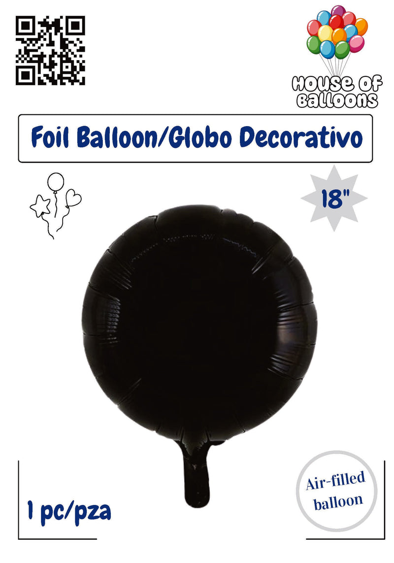 18-inch round foil balloon in solid midnight black with air-filled valve at bottom.