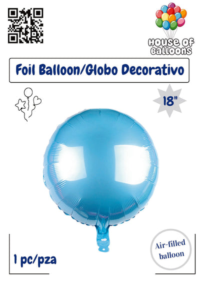 Powder blue round 18-inch shiny foil balloon with air-fill valve.