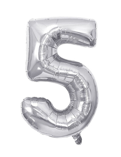 Silver foil balloon shaped as the number 5, 28 inches tall with a shiny surface.