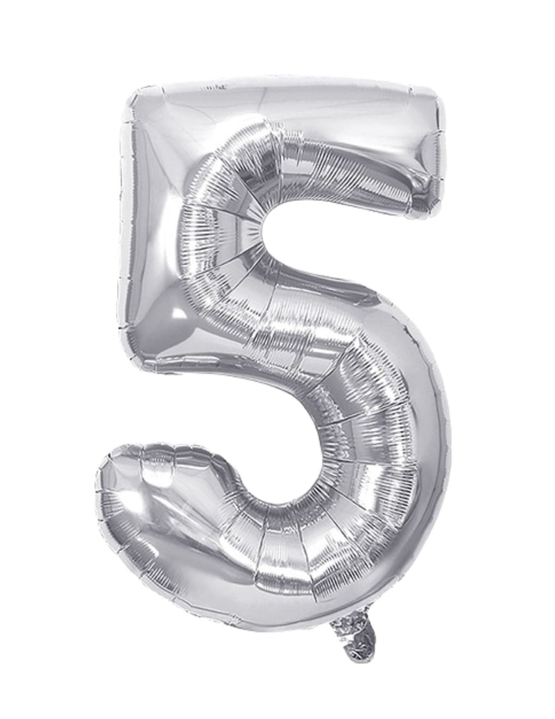 Silver foil balloon shaped as the number 5, 28 inches tall with a shiny surface.