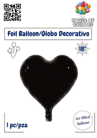 18-inch black heart-shaped foil balloon with a glossy finish, air-filled.