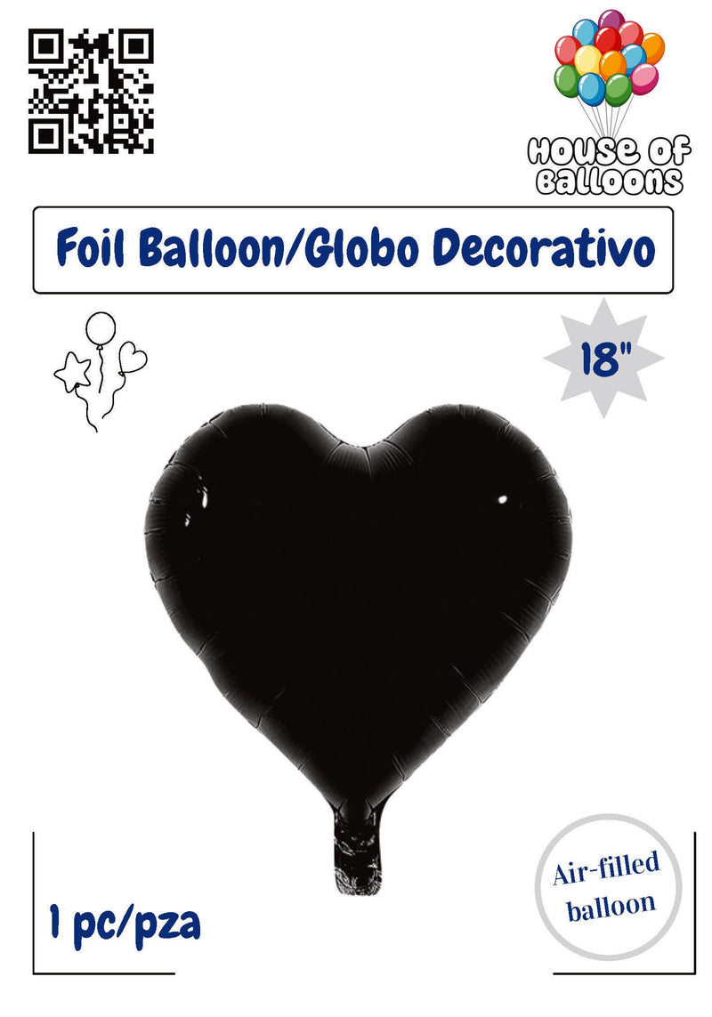 18-inch black heart-shaped foil balloon with a glossy finish, air-filled.