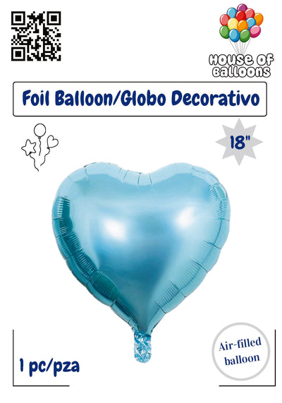 Powder blue heart-shaped foil balloon, 18 inches, shiny surface, air-filled design.