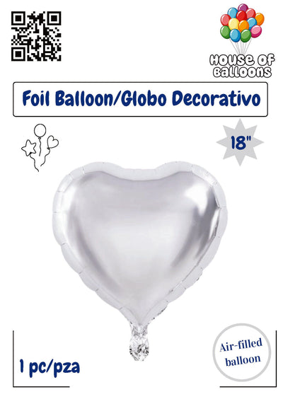 18-inch silver heart-shaped foil balloon with glossy finish and air-fill valve.