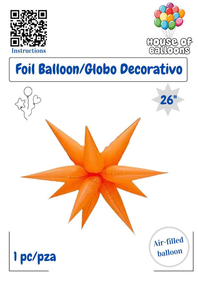 House of Balloons Star Burst Neon Orange 26 inch Foil Balloon 1ct