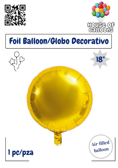 Shiny gold round 18-inch foil balloon with smooth reflective surface and air-filled design.