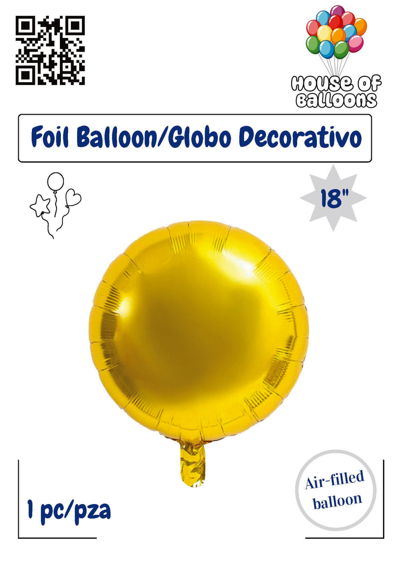 Shiny gold round 18-inch foil balloon with smooth reflective surface and air-filled design.