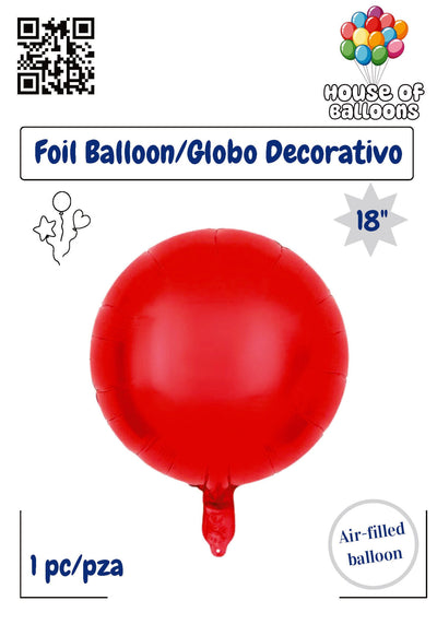 Shiny red round 18-inch foil balloon with a small tail for tying, glossy surface.