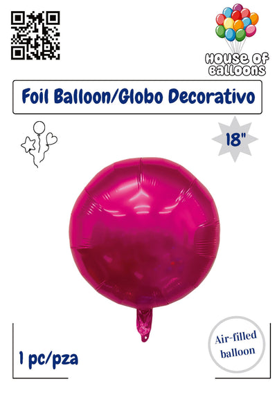 Fuchsia rose round 18-inch shiny foil balloon with smooth surface, air-filled, single unit.