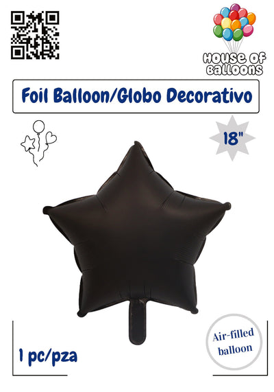 18-inch black star-shaped foil balloon with a shiny surface and inflation tab at the bottom.