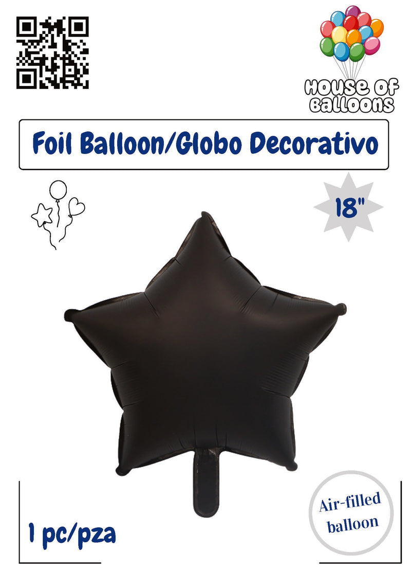18-inch black star-shaped foil balloon with a shiny surface and inflation tab at the bottom.