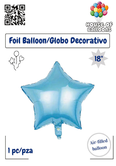 Powder blue shiny foil star balloon, 18-inch, air-filled with reflective surface.